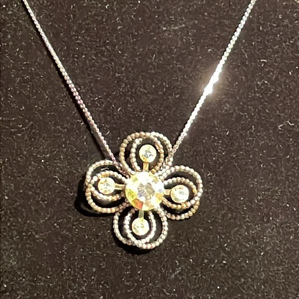 Vintage Repurposed Floral Crystal Pendant Necklace, Aurora Borealis